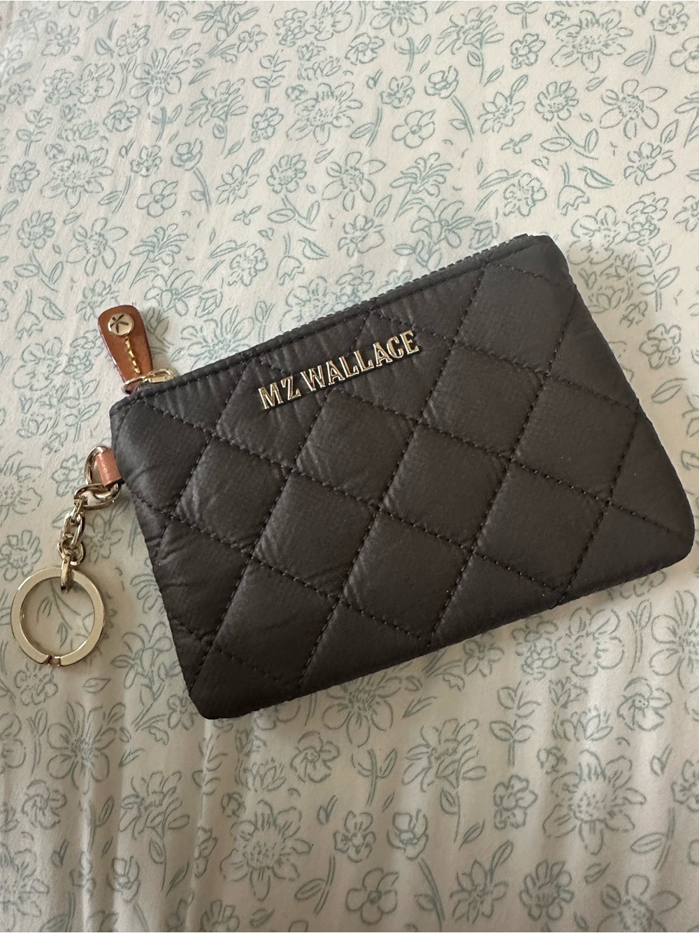 MZ Wallace Quilted Key Pouch in Charcoal with Gold Hardware